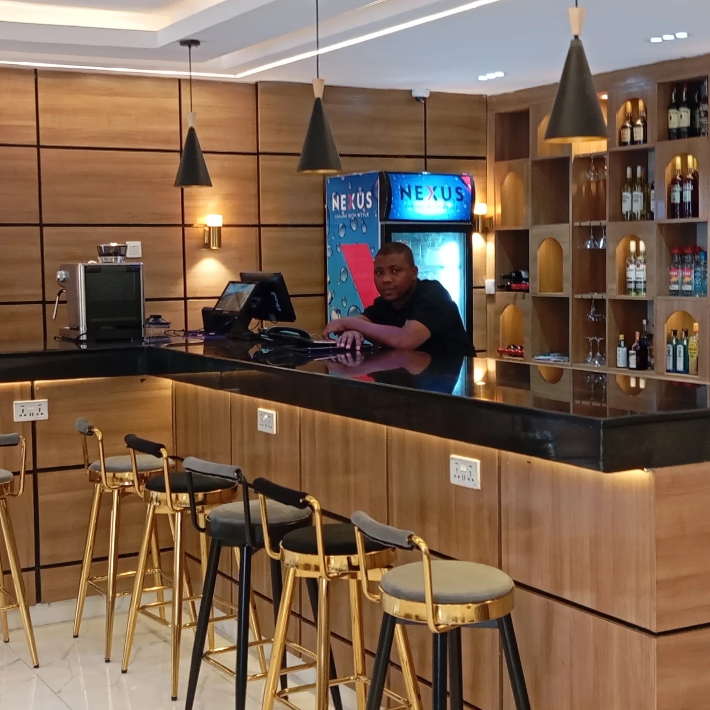 Hotel bar with wood panelling